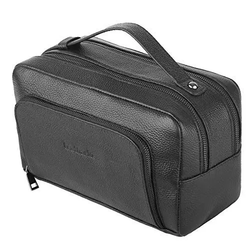 Produktbild: Leathario Kulturtasche Leder XXL Kulturbeutel aus Rindsleder wasserdichte Kosmetiktasche mit Tragegriff für Damen Herren Schwarz1