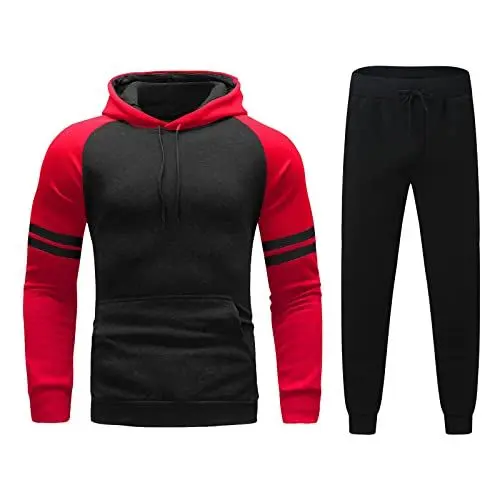 Produktbild: Joggen Anzug Herren- und Winter-Zweiteiliger Sportanzug und gestreifter Farbblock-Pullover und Hosenanzug Pelz Weste Echt (Red, XXXL)