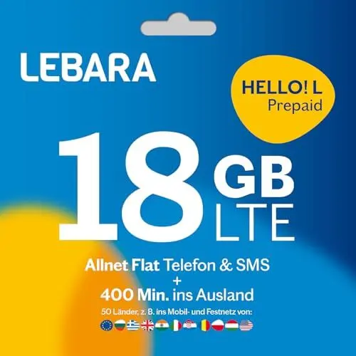 Produktbild: LEBARA Prepaid SIM-Karte mit Hello! 40 Prepaid Tarif ohne Vertrag | Allnet Flat Telefonie & SMS, 40 GB Datenvolumen inkl. 5G und 500 Frei-Min. ins Ausland…