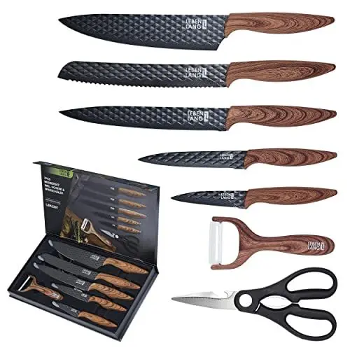 Produktbild: LEBENLANG Küchen Zubehör Messerset 7 teilig mit Schäler & Küchenschere - Küchenmesser Set - Messer Schere Wohnungs – Koch Küchenzubehör schwarz Schneidemesser scharf