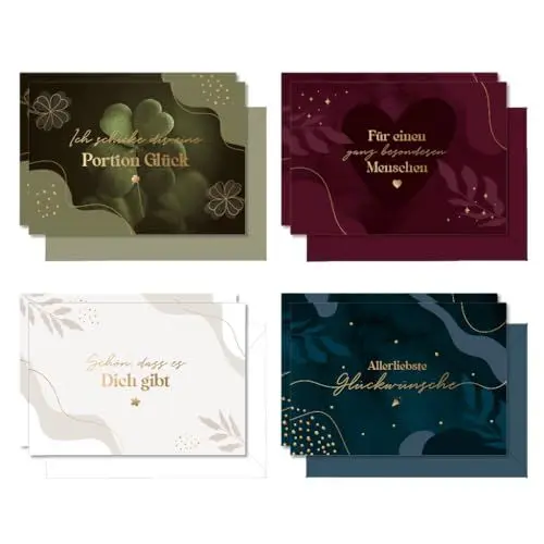 Produktbild: LEBENSKOMPASS 8er Grußkarten Set Blanko mit Goldprägung, 4 unterschiedliche Kartendesigns, 16-Teilig (8 Klappkarten + 8 Umschläge), Für Jeden Anlass, A6 Karten mit Umschlag in Hardcoverbox