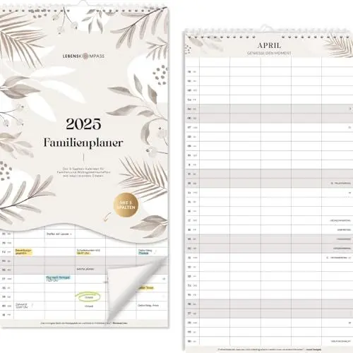 Produktbild: Lebenskompass Familienplaner 2025 Wandkalender – 22x42 cm Familienkalender 2025 5 Spalten mit Monatsübersicht – Achtsamer Wandkalender 2025 zum Aufhängen