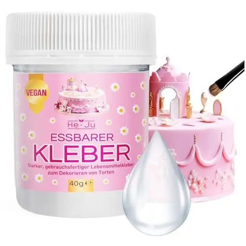 Produktbild: He-Ju Lebensmittelkleber essbar 1x 40g, essbarer Kleber transparent und vegan (ohne Gelatine) zum Dekorieren für Motivtorten, Zuckerguss, Fondant u.v.m.glutenfrei