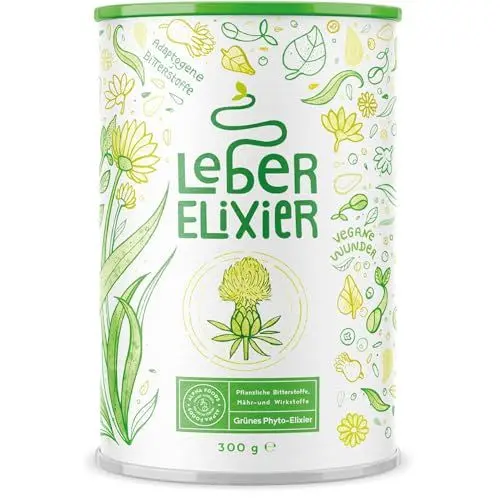 Produktbild: Leber Komplex - Nährstoffreiches Elixier mit Weizengras, Spirulina, Cholin, Gerstengras, Ashwagandha, Brennnessel, Mariendistel, Chlorella - Alpha Foods