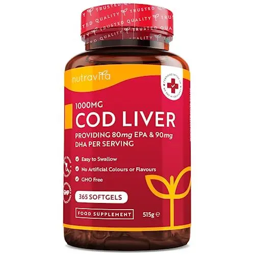 Produktbild: Lebertran Kapseln 1000mg - 365 Fischöl Kapseln - Hochwertiges Fish Oil - Hochdosiert Cod Liver Oil + Omega 3, Vitaminen A, D & E - Unterstützt die Herz- und Gehirngesundheit - Nutravita