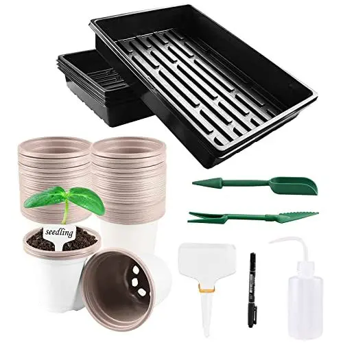 Produktbild: Lechansen 9cm Anzuchttöpfe, mit 4 Stück Pflanzschalen ohne Löcher, Kunststoff Pflanztöpfe 50 Stück Kleine Blume Pflanztöpfe Kit für Obst, Gemüse, Pflanzen, Sukkulenten, Setzlinge, Stecklinge