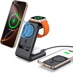 Produktbild: leChivée Magnetisch Induktive Ladestation für iPhone 16 mit 5000mAh P-ower Bank, 3 in 1 Ladestation für iPhone 16/15/14/13, Kabelloses Ladegerät für iWatch Ultra 2/10/9/8/7,für AirPods 4/3/Pro