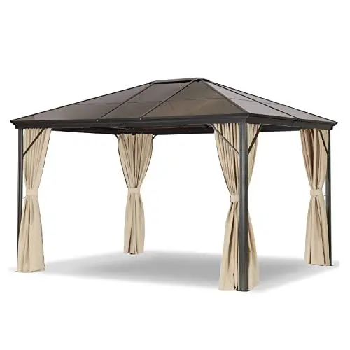Produktbild: LECO Profi-Pavillon – Stabiler 3 x 3,65 m Gartenpavillon mit wasserdichtem Hardtop-Dach (Polycarbonat-Doppelstegplatten) und verschließbaren Seitenteilen - Natur