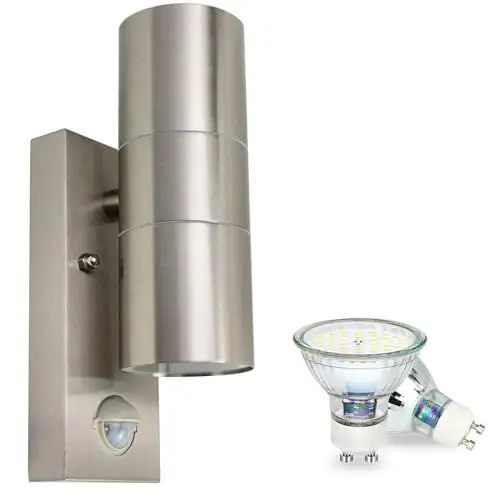 Produktbild: LED Außenlampe mit Bewegungsmelder Modern IP44 GU10 Außenleuchte Edelstahl Gebürstet Up Down Wandlampe für Porch Garten Balkon, Inkl. 5W GU10 Leuchtmittel Kaltweiß