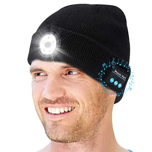 Produktbild: LED Bluetooth Beanie Hat Kopfhörer - kabelloses Headset Musikmütze mit 5 abnehmbaren LED-Lichtern - Technische Geschenke für Männer