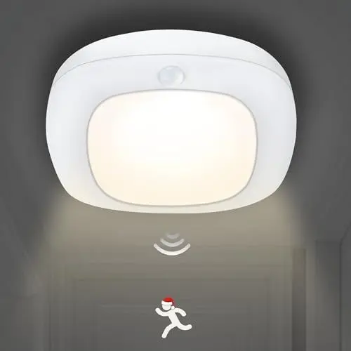 Produktbild: LED Deckenlampe mit Bewegungsmelder Innen,250LM 4Modi Deckenleuchte Batteriebetrieben,4000K Naturwhite Licht für Keller Garage Treppe Küche Flur Keller Eingangshalle(3*C Batterie) (Energieklasse A)