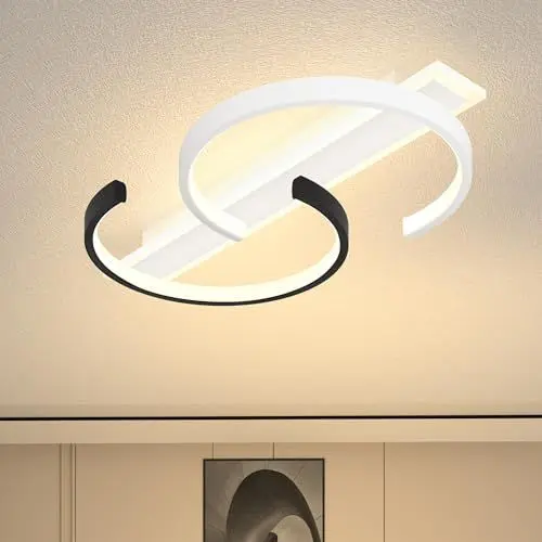 Produktbild: LED Deckenleuchte Dimmbar Deckenlampe Schwarz Wohnzimmerlampe 55W mit Fernbedienung 2-Ringen kreis Deckenleuchte Schlafzimmerlampe Arbeitzimmer Büro Modern Led deckenbeleuchtung-60cm Schwarz Weiß