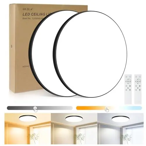 Produktbild: LED Deckenleuchte Flach Deckenlampe Dimmbar mit Fernbedienung (2 Stück) 3000K~6500K,24W, 2000LM, IP44 Wasserfest Deckenleuchten Rund, Küchenlampe LED Lampen Decke für Schlafzimmer/Bad Ø28cm-Schwarz