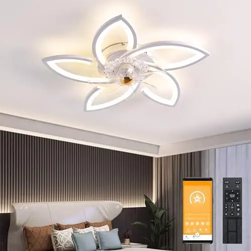 Produktbild: LED Deckenventilator mit Beleuchtung, 48W Dimmbare Deckenleuchte mit Ventilator Fernbedienung APP 3 Farbtemperatur 6-Speed Leise Deckenventilator für Schlafzimmer Wohnzimmer Esszimmer (Weiß, 70cm)