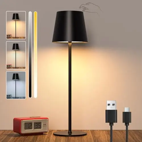 Produktbild: LED Dimmbar Tischlampe Kabellos, Wiederaufladbar Akku Tischleuchte mit Touch Control, Metall LED Akku Tischlampe mit USB-C, IP44 Wasserdichte Outdoor Tischleuchte für Terrassen, Restaurants, Schwarz