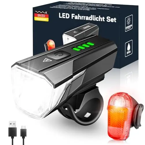 Produktbild: LED Fahrradlicht Set 100 LUX, StVZO Zugelassen Fahrradbeleuchtung, USB Aufladbar Fahrradlampe, IPX4 Wasserdicht Fahrrad Licht mit Frontlichter und Rücklicht, Fahrradlichter mit Batterieanzeige