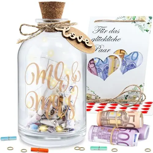Produktbild: LED Flaschenlicht Hochzeit Hochzeitsgeschenke Geld für Brautpaar Geldgeschenke Hochzeit Verpackungen Hochzeitsgeschenke Geld Spardose Leuchtflasche für Frisch Verliebte Geburtstag (Mr. & Mrs.)