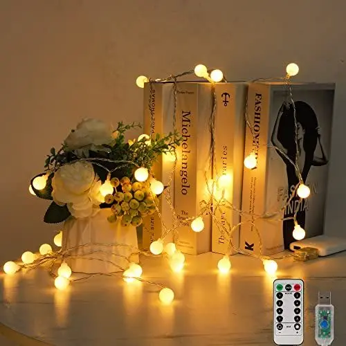Produktbild: LED Kugel Lichterkette, 6 M 40 LED Globe Lichterkette Warmweiß 8 Modi USB LED Kugel Lichtkette IP67 Wasserdicht LED Lichterkette mit Fernbedienung Beleuchtung Weihnachten Lichtketten (Warmweiß, 6)
