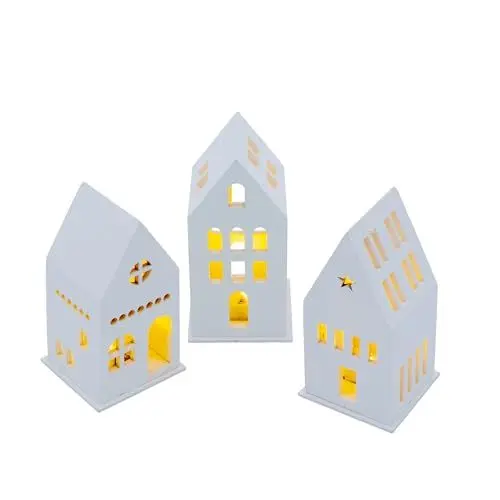 Produktbild: Spetebo LED Holz Haus weiß Batterie betrieben 13 cm - 3er Set - Deko Weihnachtsdorf mit Beleuchtung in warm weiß - Weihnachts Tisch Deko Aufsteller Winter Haus