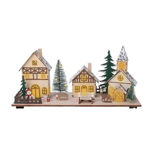 Produktbild: LED Holz Weihnachts Dorf Szene - 34 x 16 cm - Tischdeko Winterstadt beleuchtet - Weihnachtsszene Tischdekoration Weihnachtsdeko beleuchtet