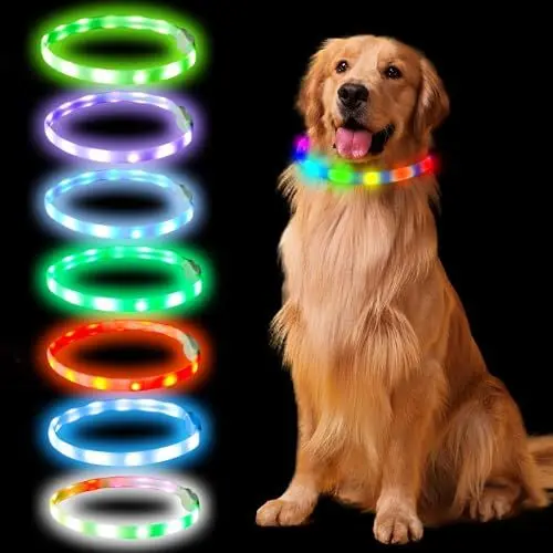 Produktbild: LED Hundehalsband 7 Farben 9 Leuchtmodi Typ C- aufladbares leuchtendes Halsband- Regendicht Leuchthalsband Hund extra große Batteriekapazität 650mAh mit bis zu 13+ Stunden Leuchtzeit, Länge schneidbar
