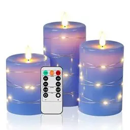 Produktbild: LED Kerzen, 3 LED-Batteriekerzen, mit 11-Tasten-Fernbedienung, 24-Stunden-Timer-Funktion, tanzende Flamme, echtes Wachs (blau)