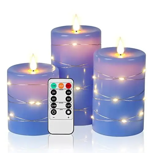 Produktbild: LED Kerzen, 3 LED-Batteriekerzen, mit 11-Tasten-Fernbedienung, 24-Stunden-Timer-Funktion, tanzende Flamme, echtes Wachs (blau)