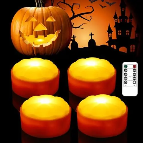 Produktbild: LED Licht Mit Fernbedienung, 4 Stück Jack-O-Lantern Lichter, Halloween Kürbis Lampe, Batteriebetriebene Flammenlose Kerzen, Nachtlicht, Teelichter für Halloween Deko