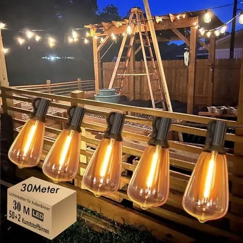Produktbild: LED Lichterkette Außen 30M Lichterkette außen strom mit 50+2 Stk. Warmweiße ST38 Glühbirnen Plastik, IP44 Wasserdicht Innen/Außen Lichterketten für Pergola, Hochzeiten, Partys (Energieklasse G)