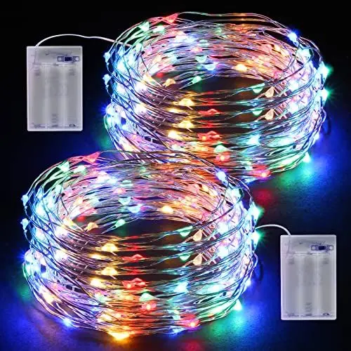 Produktbild: LED Lichterkette Batterie, 2 x 12M Draht Micro mit 120 Wasserdicht Silberdraht Lichterketten für Zimmer, Kinderzimmer, Weihnachten, Party, Hochzeit, DIY, Innen, Außen (Bunt)