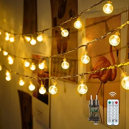 Produktbild: LED Lichterkette Strombetrieben,15M Lichterkette Kugel warmweiß mit Stecker für Außen und Innen,IP65 Wasserdicht Lichterketten mit Dimmbar Fernbedienung,Ideal für Zimmer,Weihnachten,Party,Garten