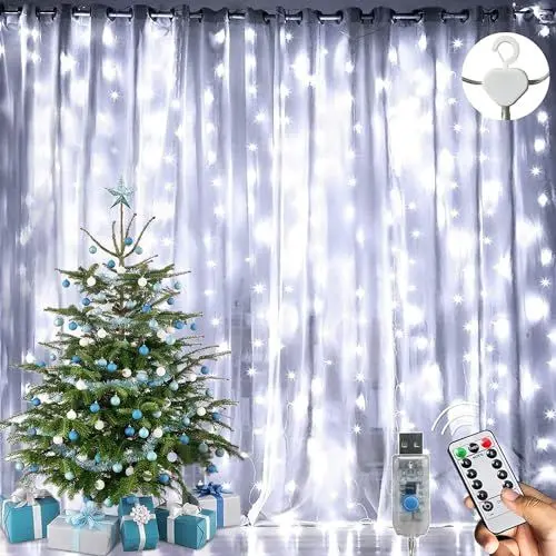 Produktbild: LED Lichterketten Lichtervorhang 300 LEDs USB Vorhanglichter 8 Modi Mit ferngesteuertem Timer, IP65 wasserdichte, Geeignet für Schlafzimmer, Fenster, Weihnachten, Party, Hochzeit, kühles Weiß