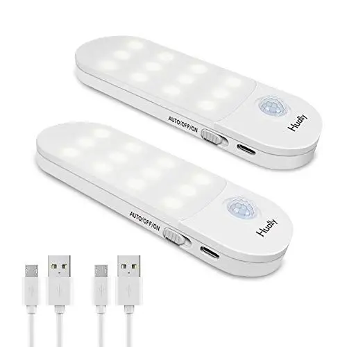Produktbild: LED Nachtlicht mit Bewegungsmelder,Hually LED Licht (2 Stück) USB Aufladbare Nachtlampe Schranklicht mit 3 Modi (Auto/ON/OFF),Praktischer eingebauter Magnet Orientierungslicht für Küche,Stair,Flur usw