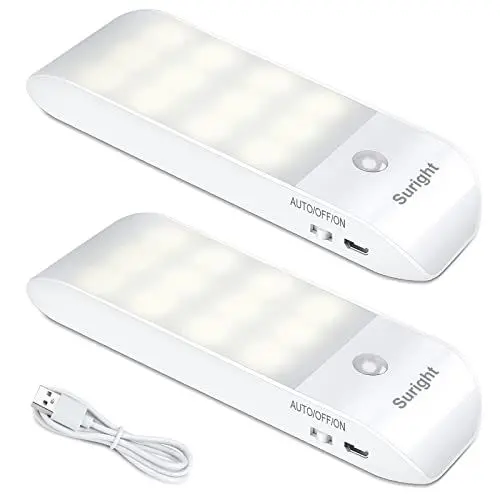 Produktbild: Suright LED Nachtlicht mit Bewegungsmelder, 2 Stück Aufladbar USB, Nachtlampe mit 3 Modi (AUTO/EIN/AUS), Nachtlicht Kinder 4000K Warmweiß Nacht Lampe für Schlafzimme, Badezimmer, Gang, Treppe, Küche