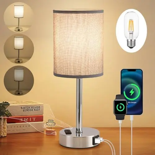 Produktbild: LED Nachttischlampe Touch Dimmbar, Modern Tischlampe mit USB A+C-Ladeanschluss, Leinen Lampenschirm, Metall Basis, kleine Lampe, für Schlafzimmer, Büro, Wohnzimmer, (Inklusive Glühbirne) (Grau)