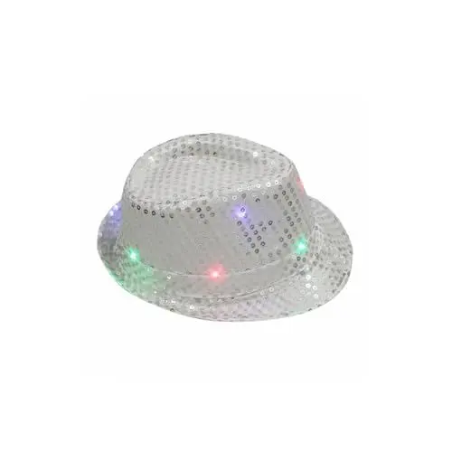 Produktbild: LED Pailletten-Hut, Pailletten Hut, Pailletten Hut Glitzer Kappe Sylvester, Hut Fedora, Hut mit Pailletten, Unisex, Disco Outfit, Accessoire, Karneval, Kostüm, Themenparty, Mottoparty (Weiß)