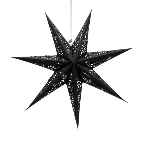 Produktbild: LED Papierstern zum Hängen in schwarz - Ø 60 cm - Weihnachts Stern Deko Beleuchtung warm weiß - Adventsstern Dekoleuchte Stimmungslicht für Weihnachten Advent Winter
