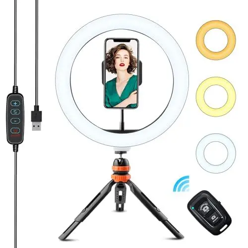 Produktbild: LED Ringlicht mit Stativ Handy 10 Zoll - 3 Lichtmodi 11 Helligkeitsstufen-Dimmbare Selfie Licht Ringleuchte Ring Light Lichtring Ringlampe - Handystativhalter mit Lampe für Makeup,Live-Streaming