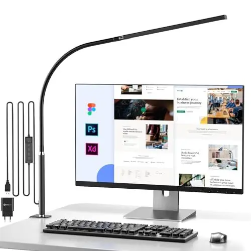 Produktbild: LED Schreibtischlampe, Schreibtischleuchte für das Homeoffice, Schwanenhals Klemmleuchte, Bürolampe, 5 Farbmodi & Helligkeit, Klemmlampe, Klemmleuchte zum Zeichnen, Lesen und Studieren, Mattschwarz
