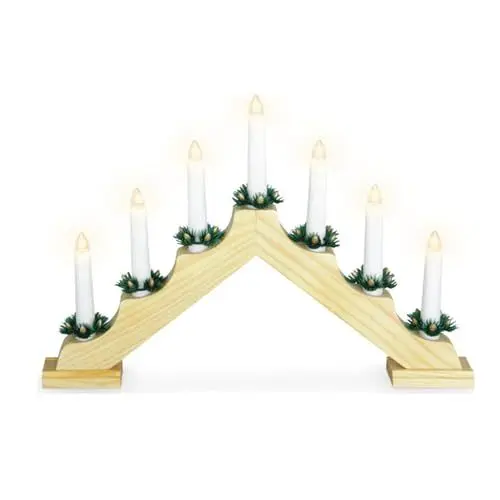Produktbild: LED Schwibbogen Kerzenbrücke Lichterbogen Weihnachtsbeleuchtung Warmweiß Holz 7 LEDs Batterie B39xH31cm