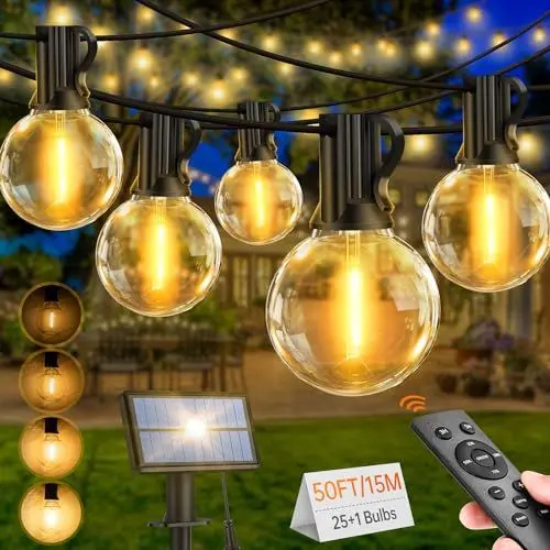 Produktbild: LED Solar Lichterkette Aussen 15M - 25+1 Lichterketten Außen G40 Glühbirnen IP65 Wetterfest Solarlichterkette mit Fernbedienung Outdoor für Garten Balkon Party Hochzeit