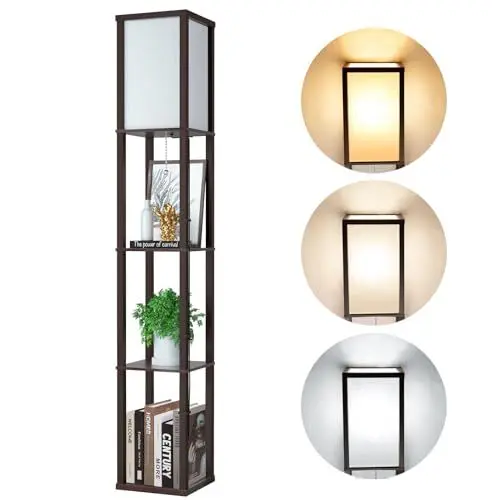 Produktbild: LED Stehlampe aus Holz, Braun Stehleuchte mit Regal, Standleuchte Holzablage mit 3 Farbtemperaturen E27 Birne, Retro Beleuchtung mit E27 Fassung für Wohnzimmer Büro Schlafzimmer Flur Ecke (Kein Korb)