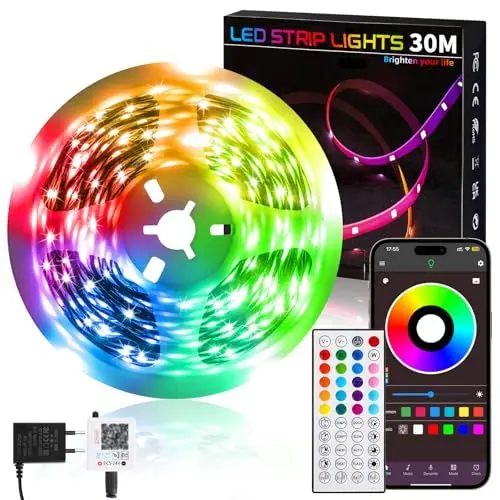 Produktbild: LED Strip 30m RGB LED Streifen mit Fernbedienung und APP, Selbstklebend LED Lichterkette Led Band, Dimmbar Bluetooth LED Leiste Musik Sync, Timer-Einstellung FüR Zimmer, Tv,Küche, Party Deko