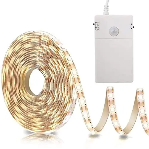 Produktbild: LED Strip Bewegungsmelder Batteriebetrieben, 2M 60 LED Lichtband Bewegungssensor Batterie mit 2 Modi, 2835 LED Nachtlicht automatischem Abschalttimer für Schränke, Treppen, Küche, Betten (Warmweiß)