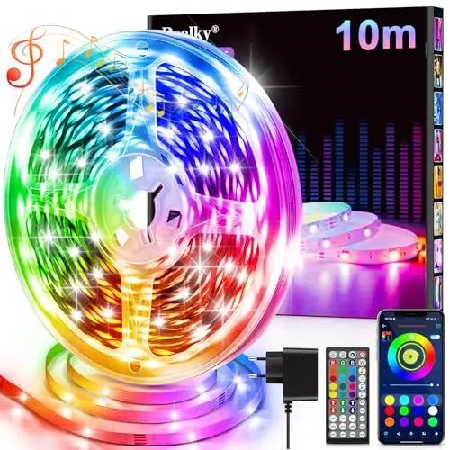 Produktbild: LED Strip Streifen 10 m mit Fernbedienung&App&Musik Sync,Bluetooth RGB Lichterkette Dimmbar Farbwechsel, Band Leiste Selbstklebend TV Hintergrundbeleuchtung für Zimmer Deko/Decke/Gaming