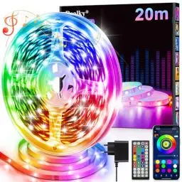 Produktbild: LED Strip Streifen 20m mit Fernbedienung & App & Musik Sync, RGB Lichterkette Dimmbar Farbwechsel, Leiste Band Stripes Bluetooth Selbstklebend für Zimmer Deko/Küche/Decke/Gaming/Party