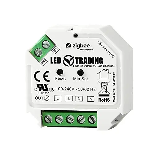 Produktbild: LED TRADING ZigBee 3.0 Unterputz Dimm-Aktor Dimm-Schalter, 1 Kanal für 230V max. 200W LED mit Taster-Anschluss Phasenabschnitt-Steuerung für dimmbare Lampen, Trafos & Leuchten (ohne Neutralleiter)