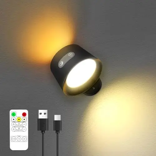 Produktbild: LED Wandlampe Innen Wandleuchte Dimmbar: Akku Wandlichter mit Nachtlicht und Fernbedienung Batterie - 3+3Helligkeitsstufen 3+3 Dimmbar Light, 360° Drehbare Touch Control Wandlicht ohne bohren Schwarz