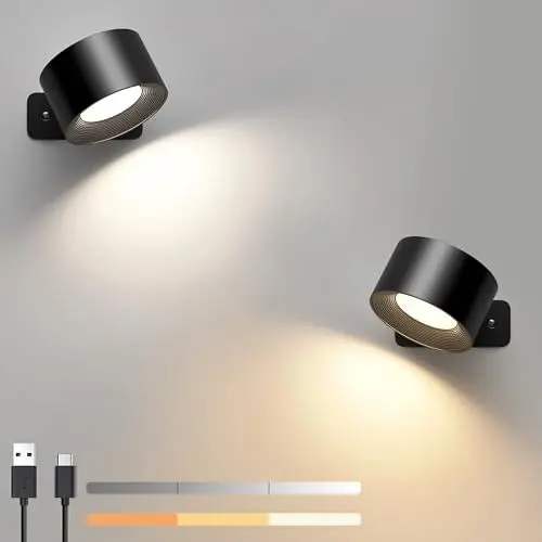 Produktbild: LED Wandleuchte Innen 2 Stück, 3 Helligkeitsstufen 3 Farbmodi Nachttischlampe, 360° Drehbare Touch Control Wandlampen, Wandlampe für Wohnzimmer Schlafzimmer Flur Kabellose Wandleuchten (Schwarz)