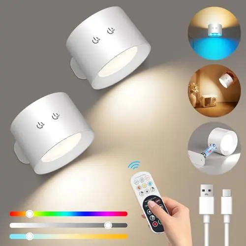 Produktbild: LED Wandleuchte Innen, 2 Stück Akku Wandleuchte Ohne Stromanschluss, Dimmbar Kabellose Wandlampe 3 Farbmodi Nachttischlampe & RGB Ambiente Wandleuchte 360° Drehbarer, Touch-und Fernbedienung,Weiß